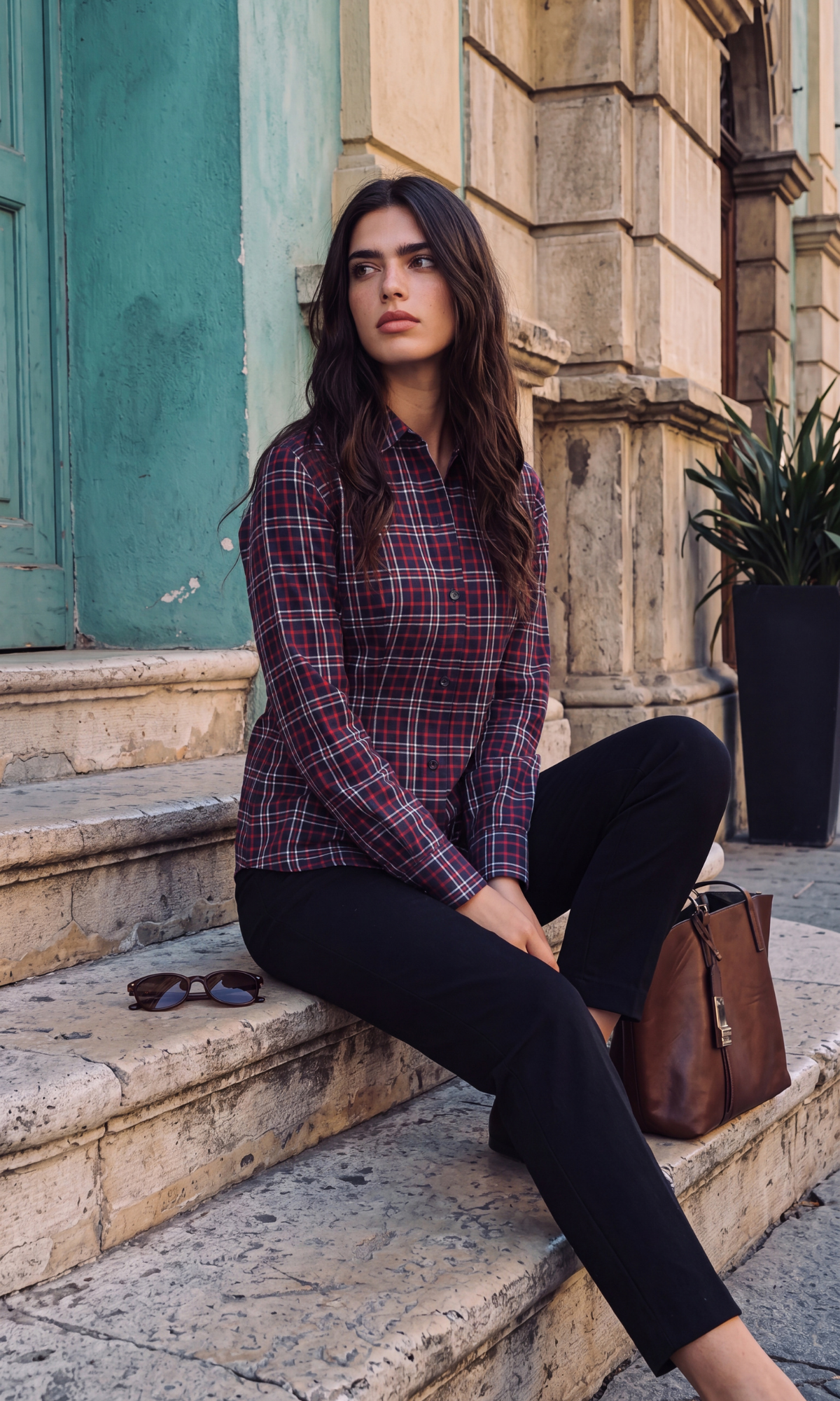 Red Tartan Peplum Pleated Shirt
