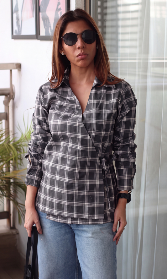 Black Check Kimono Top