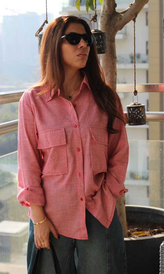 Red Cotton Micro-Check Flap Pockets Shirt