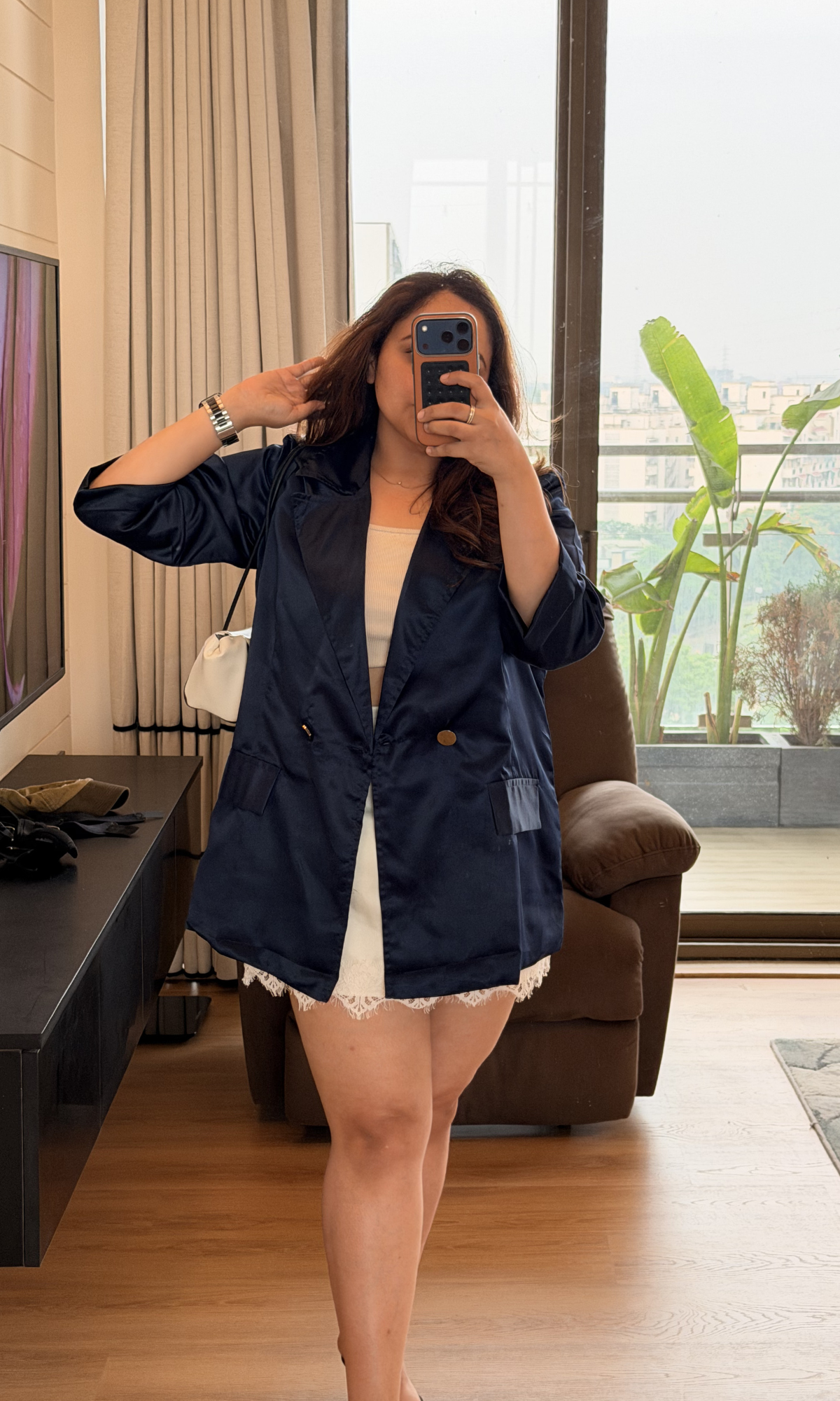 Navy Satin Double-Breasted Blazer