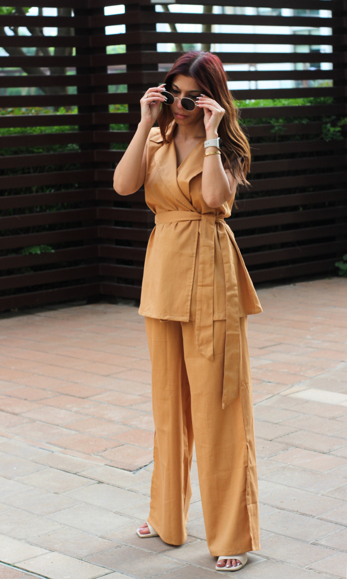 Biscoff Belted Blazer Top with Flared Pants Co-ord