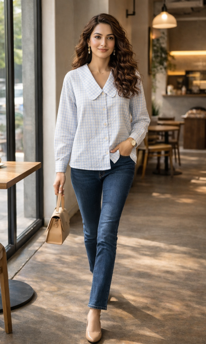 Blue Gingham-Check Peter Pan Collared Shirt