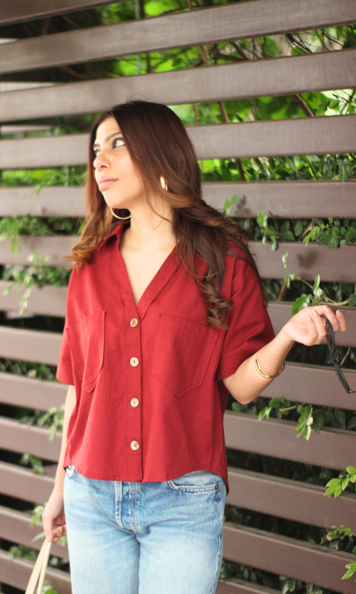 Maroon Cotton Cropped Shirt