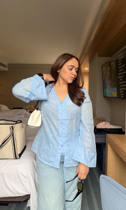 Sky-White Dobby Flared Sleeves Shirt