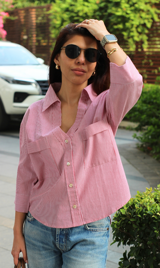 Red Striped Cotton Cropped Shirt