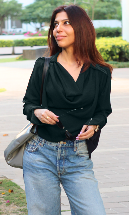 Deep Sea Green Collared Cowl Neck Top