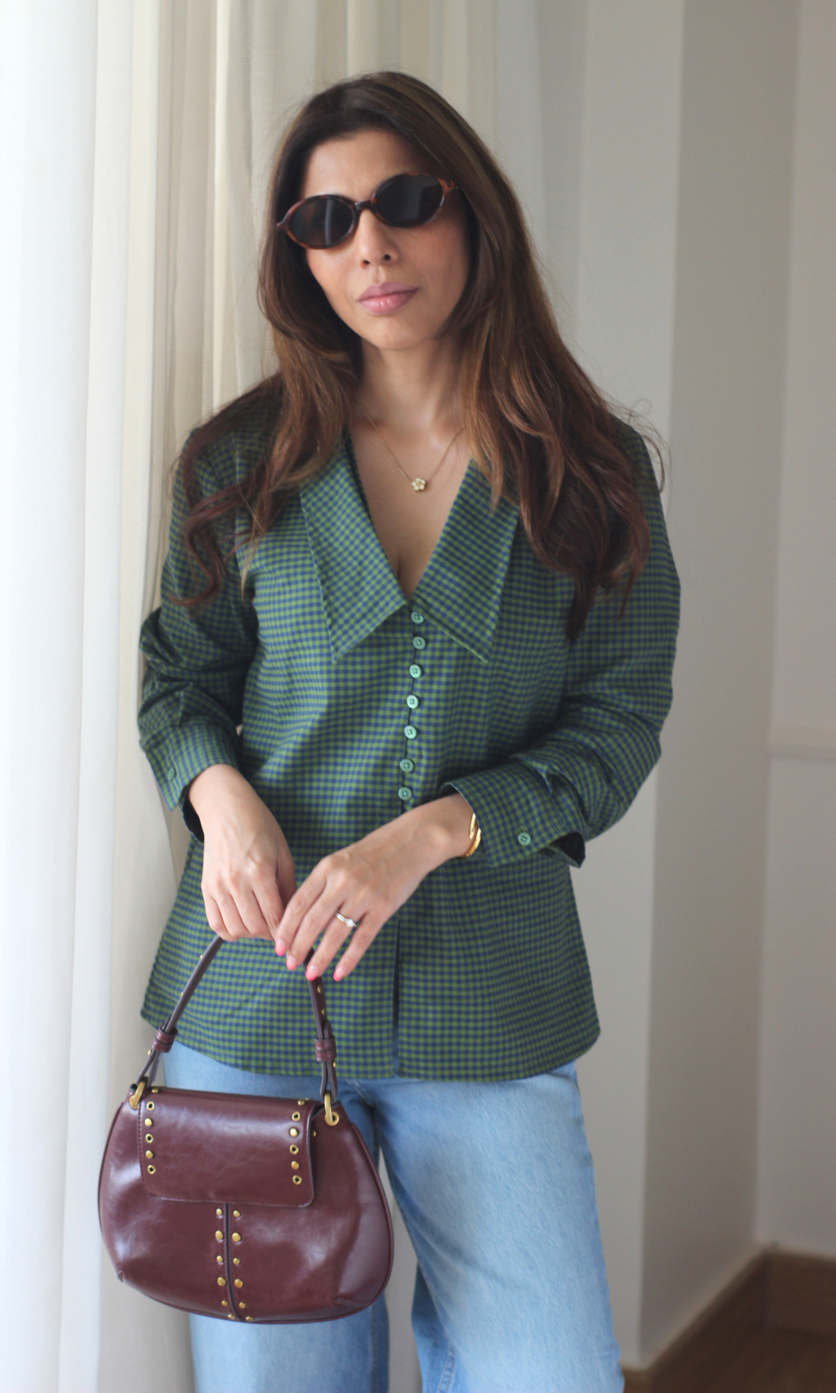 Olive Gingham Oversized Collar Shirt
