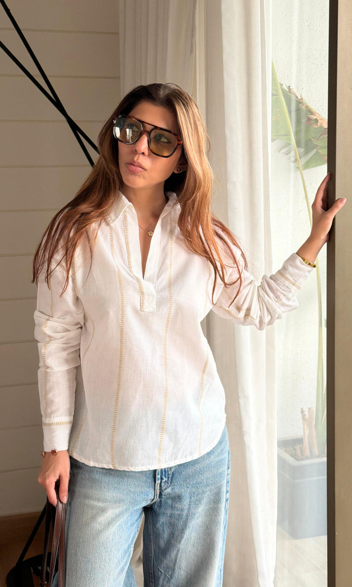 Ivory Linen Woven Stripe Popover Top