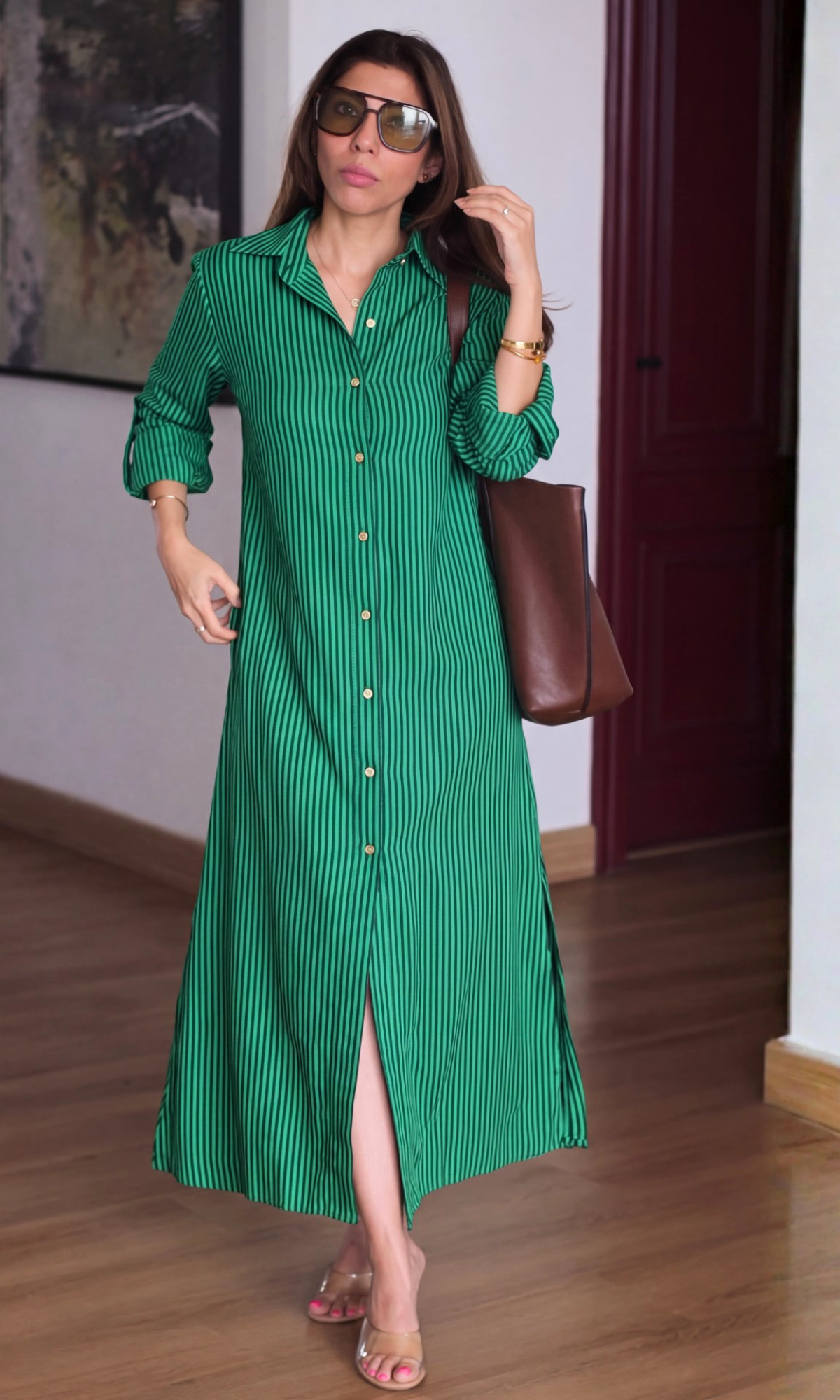 Green & Black Stripe Shirt Dress
