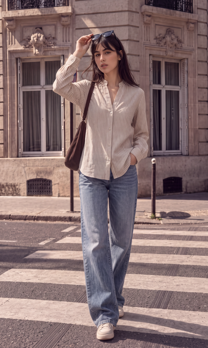Olive Stripe Mandarin-Collar Shirt