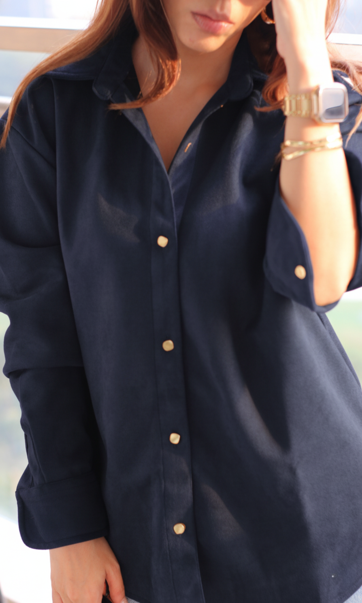 Navy Suede Metallic Buttoned Shirt