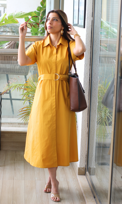 Mustard Poplin Belted Shirt Dress