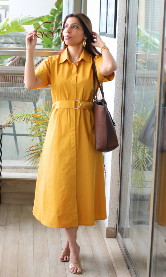 Mustard Poplin Belted Shirt Dress