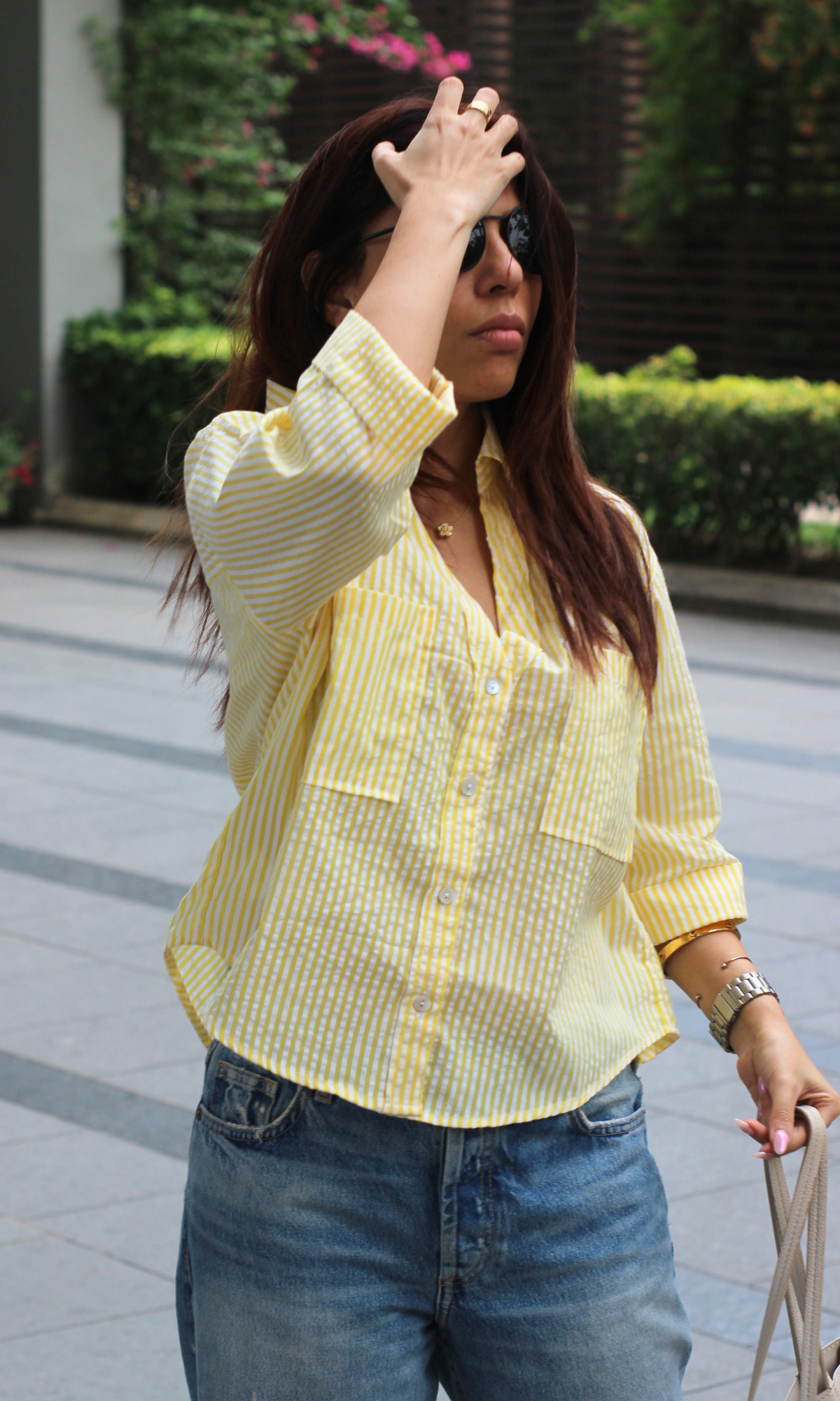 Lemon Striped Cotton Cropped Shirt