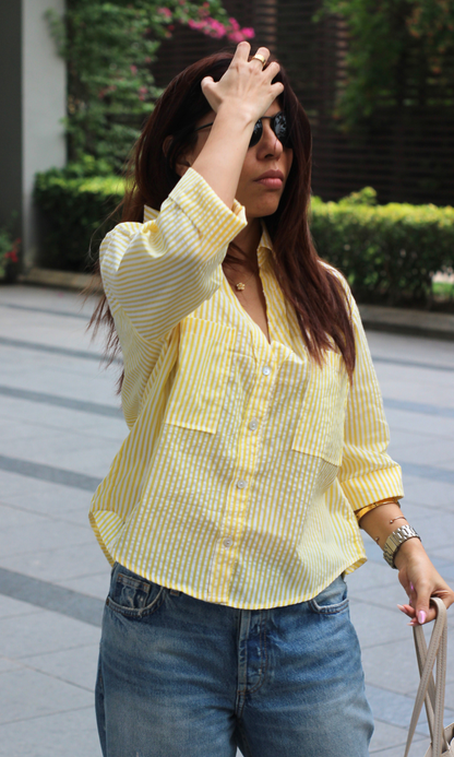 Lemon Striped Cotton Cropped Shirt