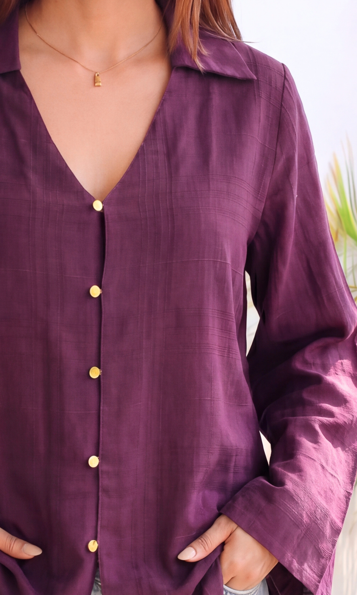 Wine Textured Flared Sleeve Shirt
