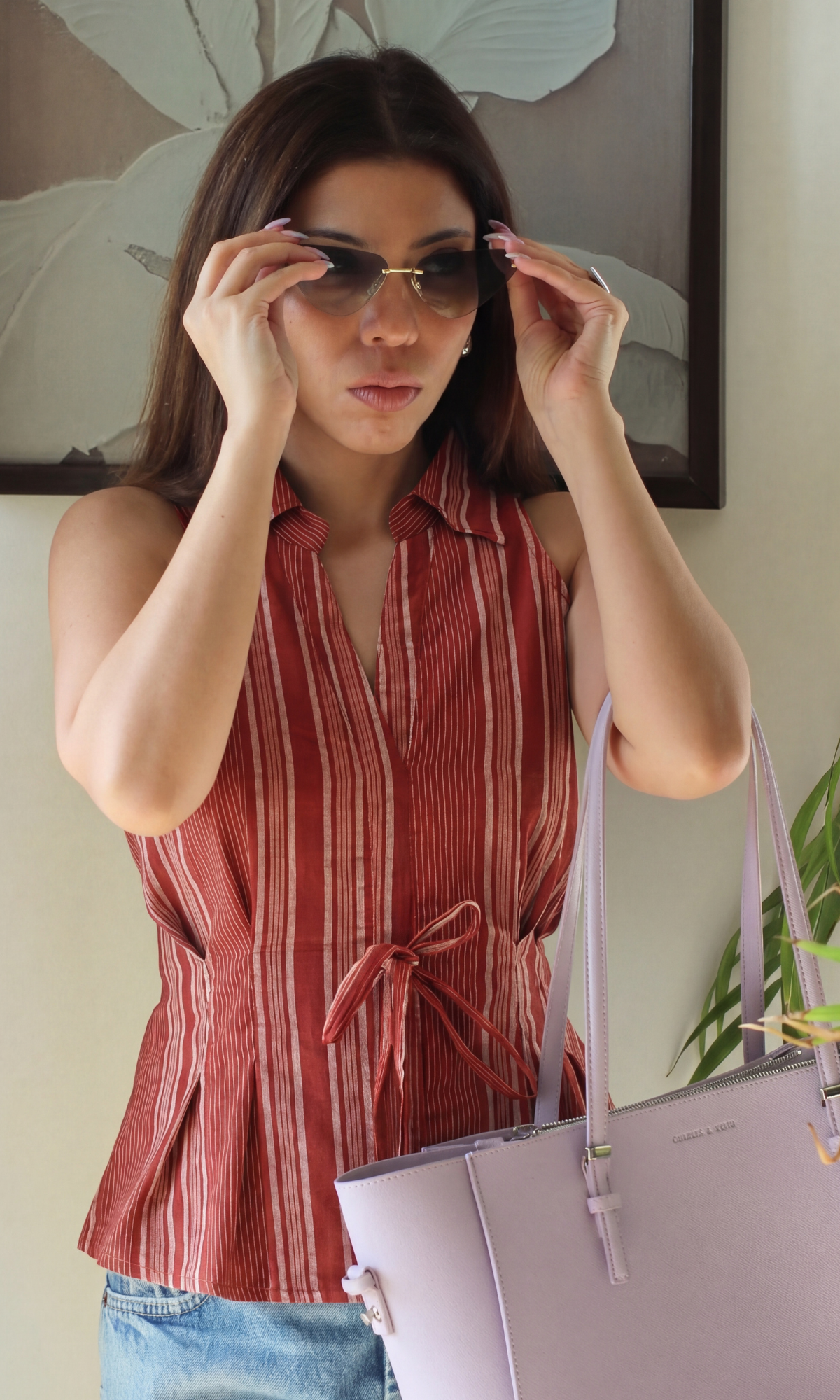 Maroon Linear Tie Detail Top