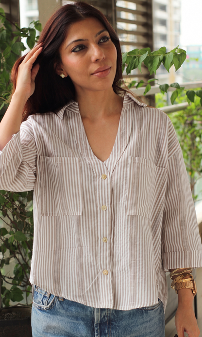 Camel Stripe Cropped Shirt