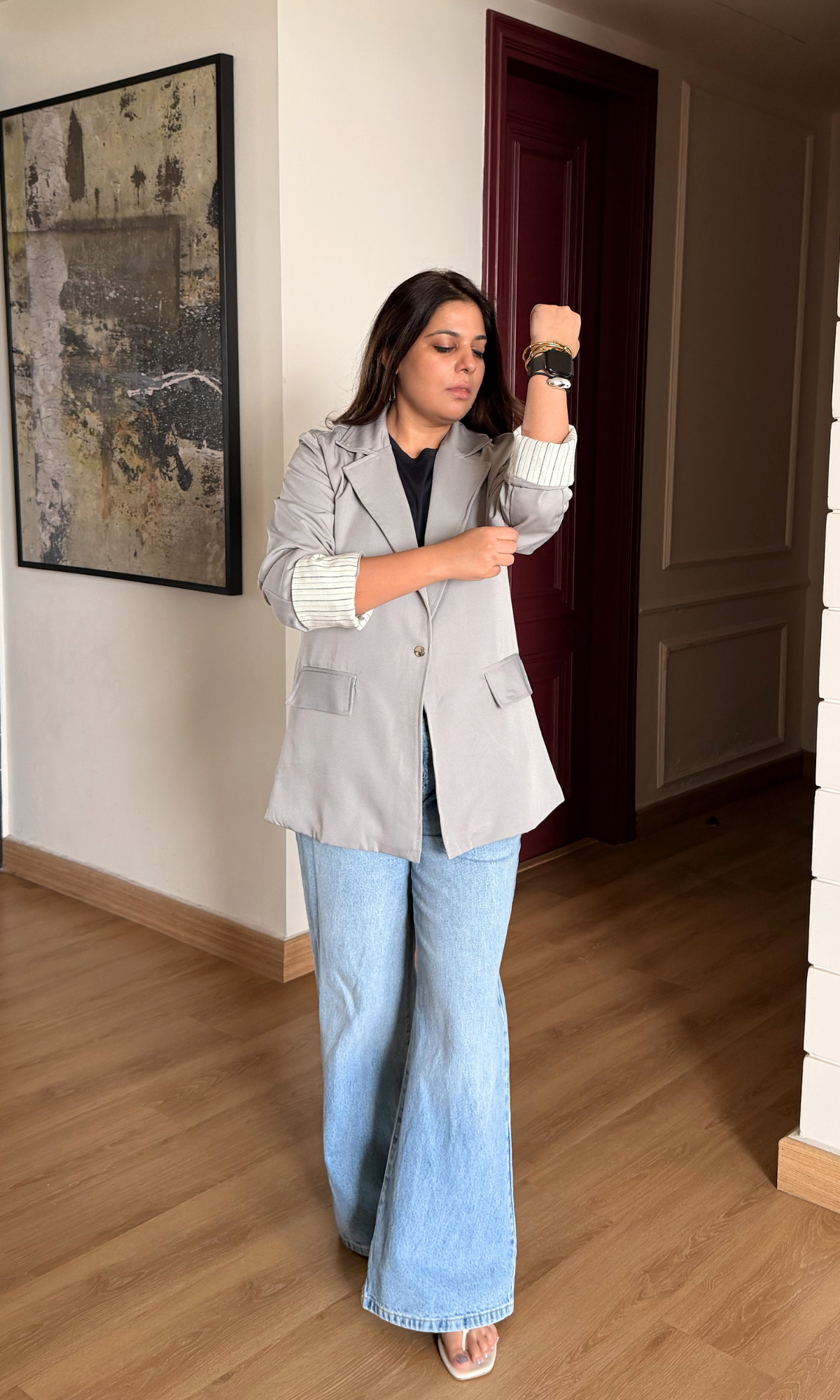 Light Grey Contrast Sleeve Blazer