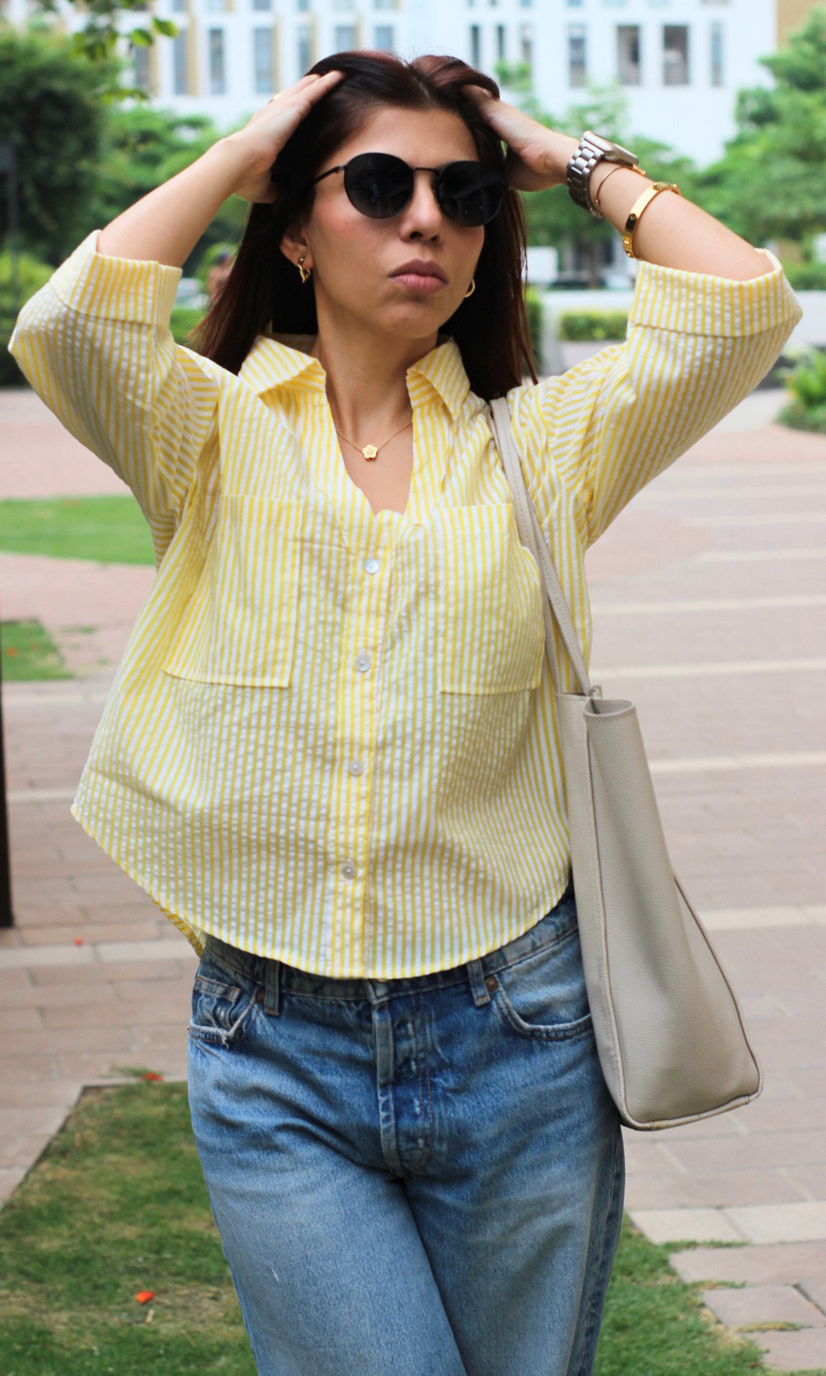 Lemon Striped Cotton Cropped Shirt