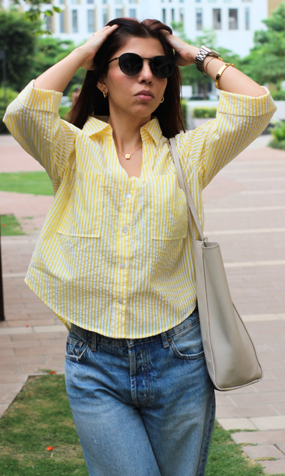 Lemon Striped Cotton Cropped Shirt