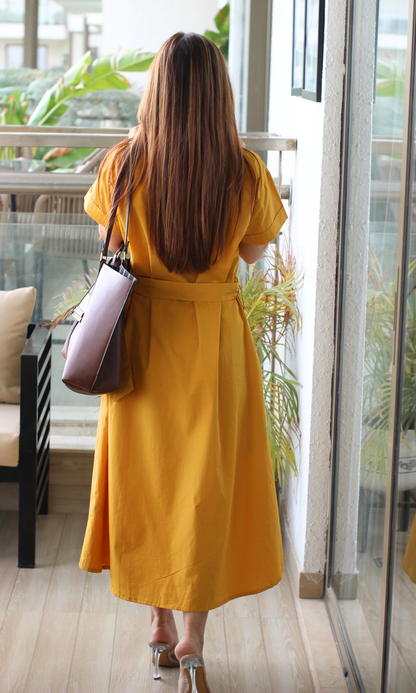 Mustard Poplin Belted Shirt Dress