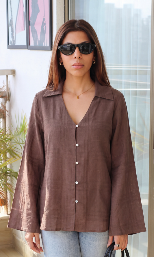 Brown Textured Flared Sleeve Shirt