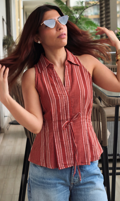 Maroon Linear Tie Detail Top