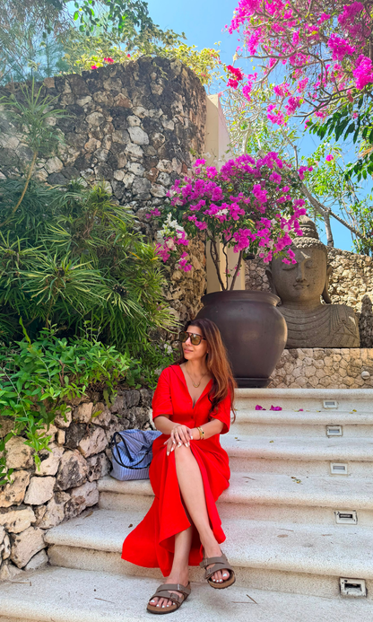 Tomato Red A-Line Maxi Shirt Dress
