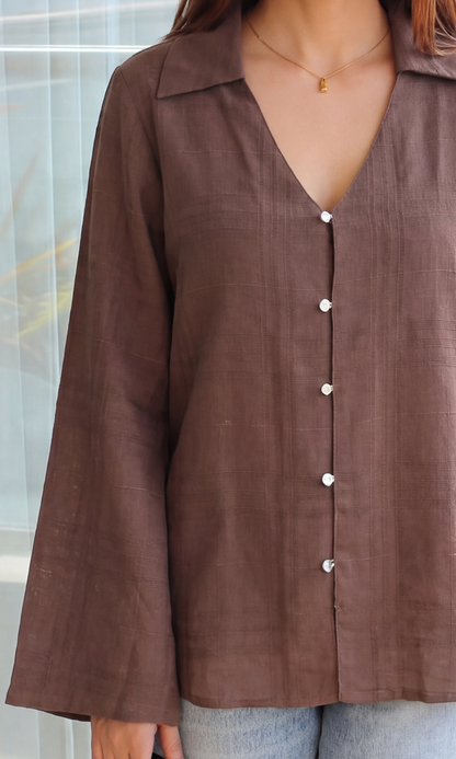 Brown Textured Flared Sleeve Shirt