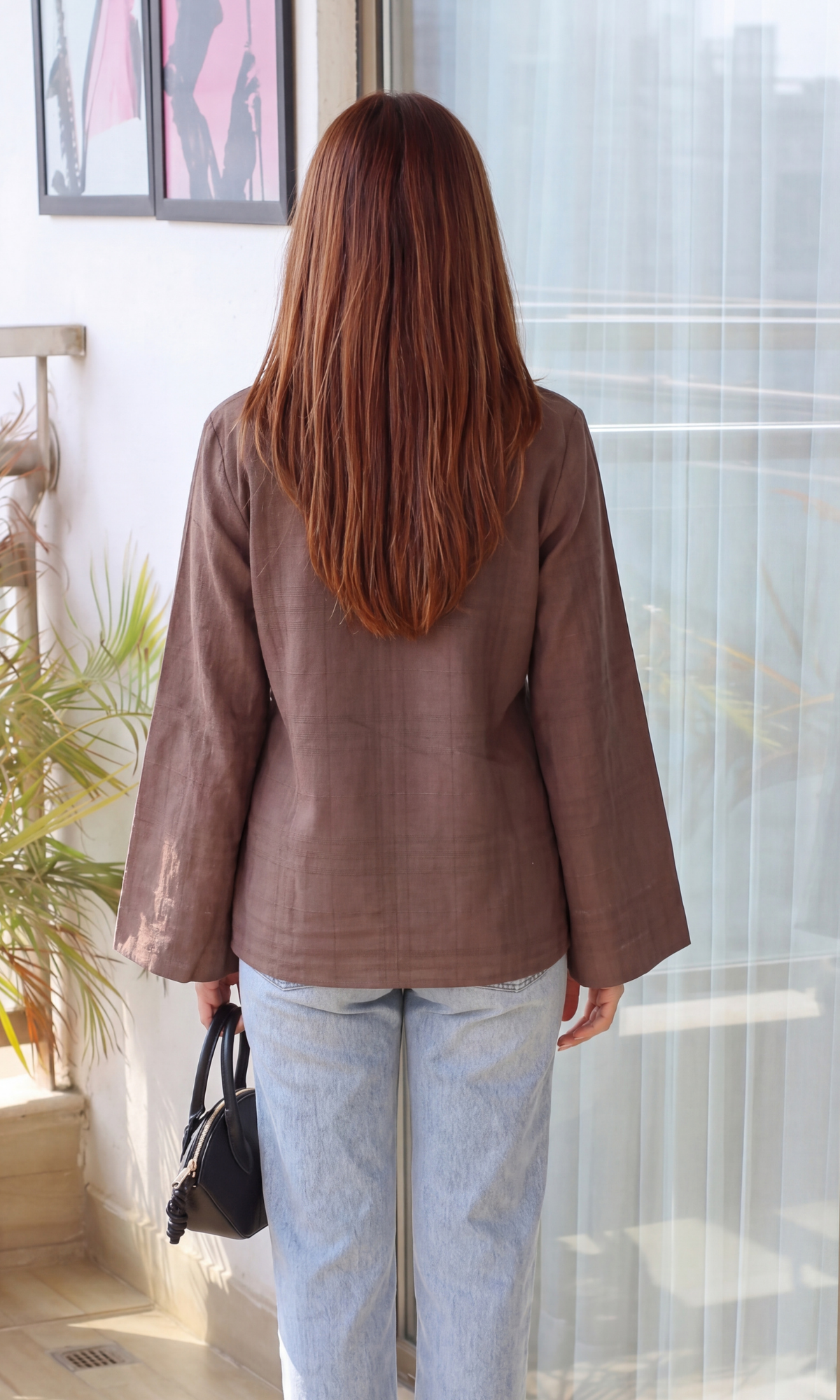 Brown Textured Flared Sleeve Shirt