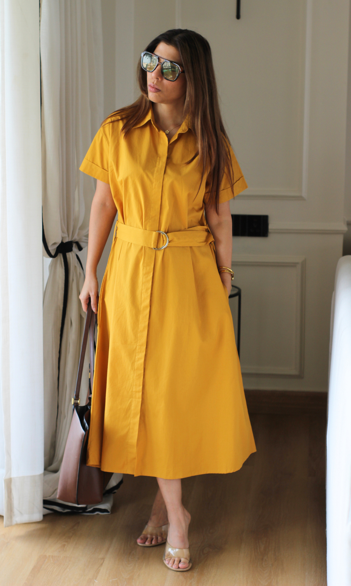 Mustard Poplin Belted Shirt Dress
