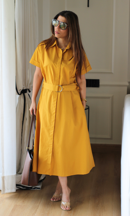 Mustard Poplin Belted Shirt Dress