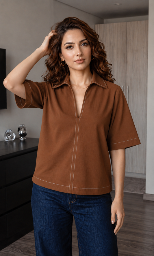 Brown Contrast Stitch Boxy V-Neck Top