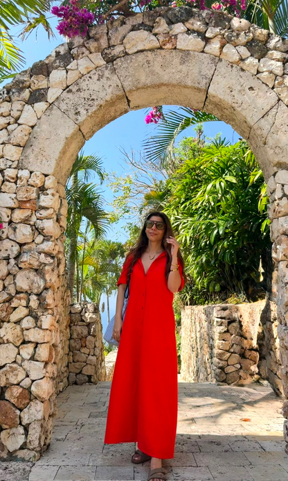 Tomato Red A-Line Maxi Shirt Dress