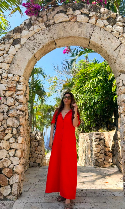 Tomato Red A-Line Maxi Shirt Dress