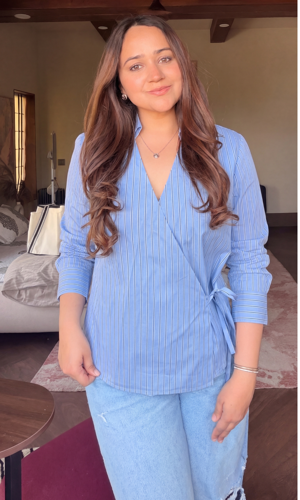 Blue Pinstripe Kimono Shirt