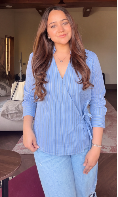 Blue Pinstripe Kimono Shirt