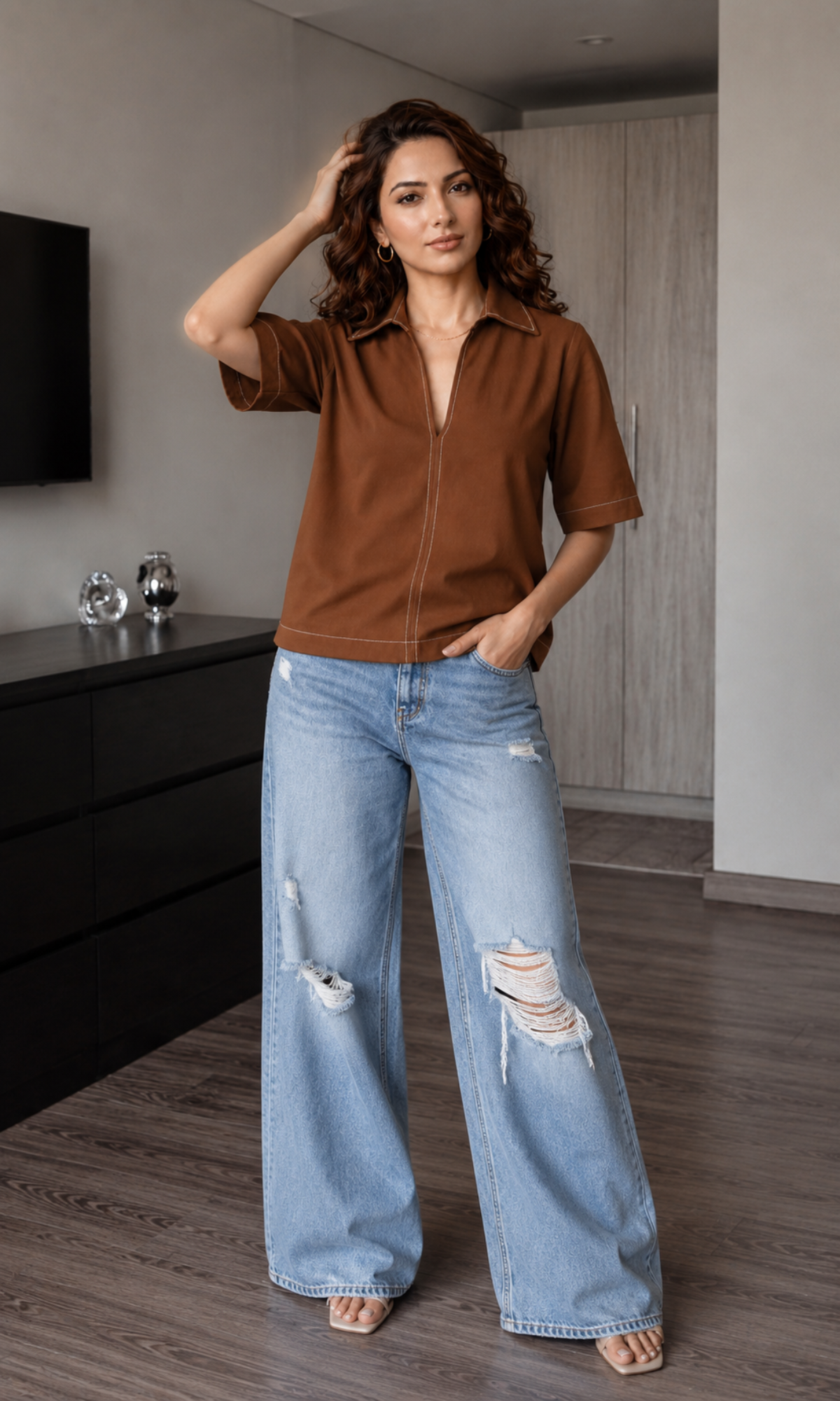 Brown Contrast Stitch Boxy V-Neck Top