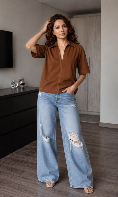Brown Contrast Stitch Boxy V-Neck Top