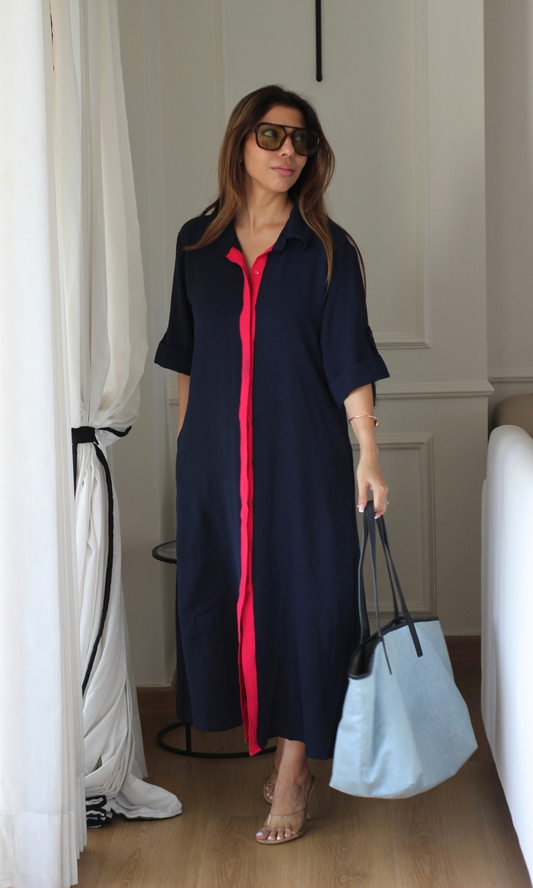 Deep Navy Contrast Placket Maxi Dress