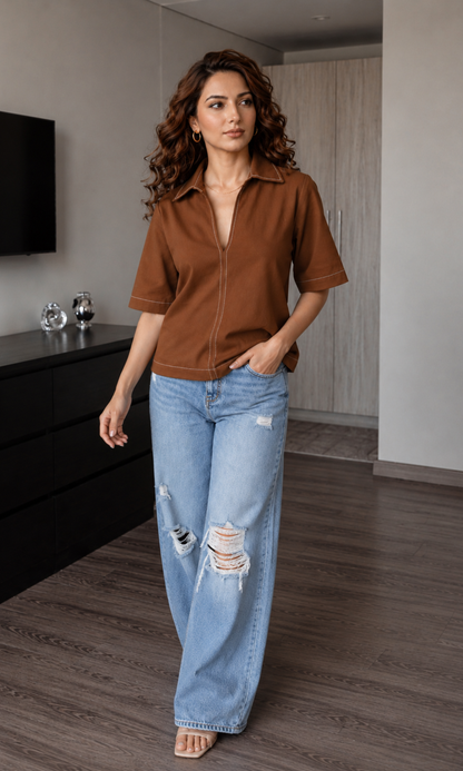 Brown Contrast Stitch Boxy V-Neck Top