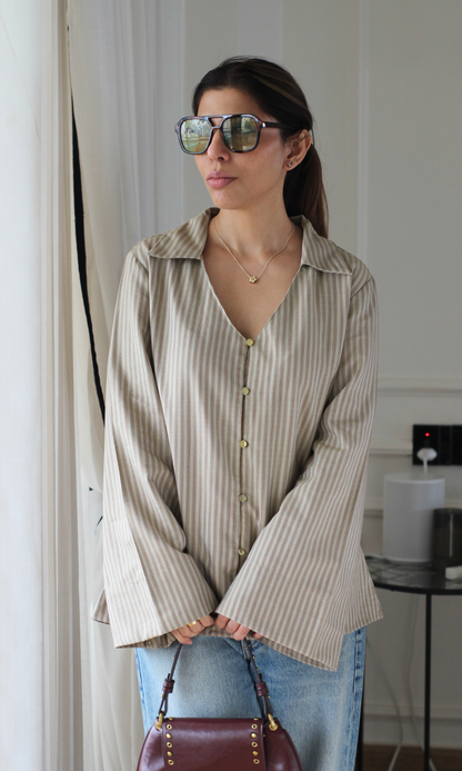Olive Stripe Flared Sleeve Shirt