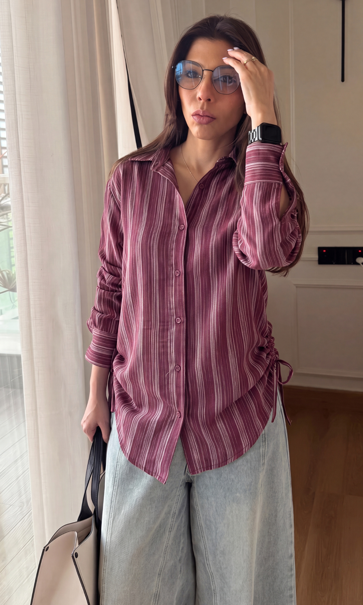 Burgundy Stripe Drawstring Shirt