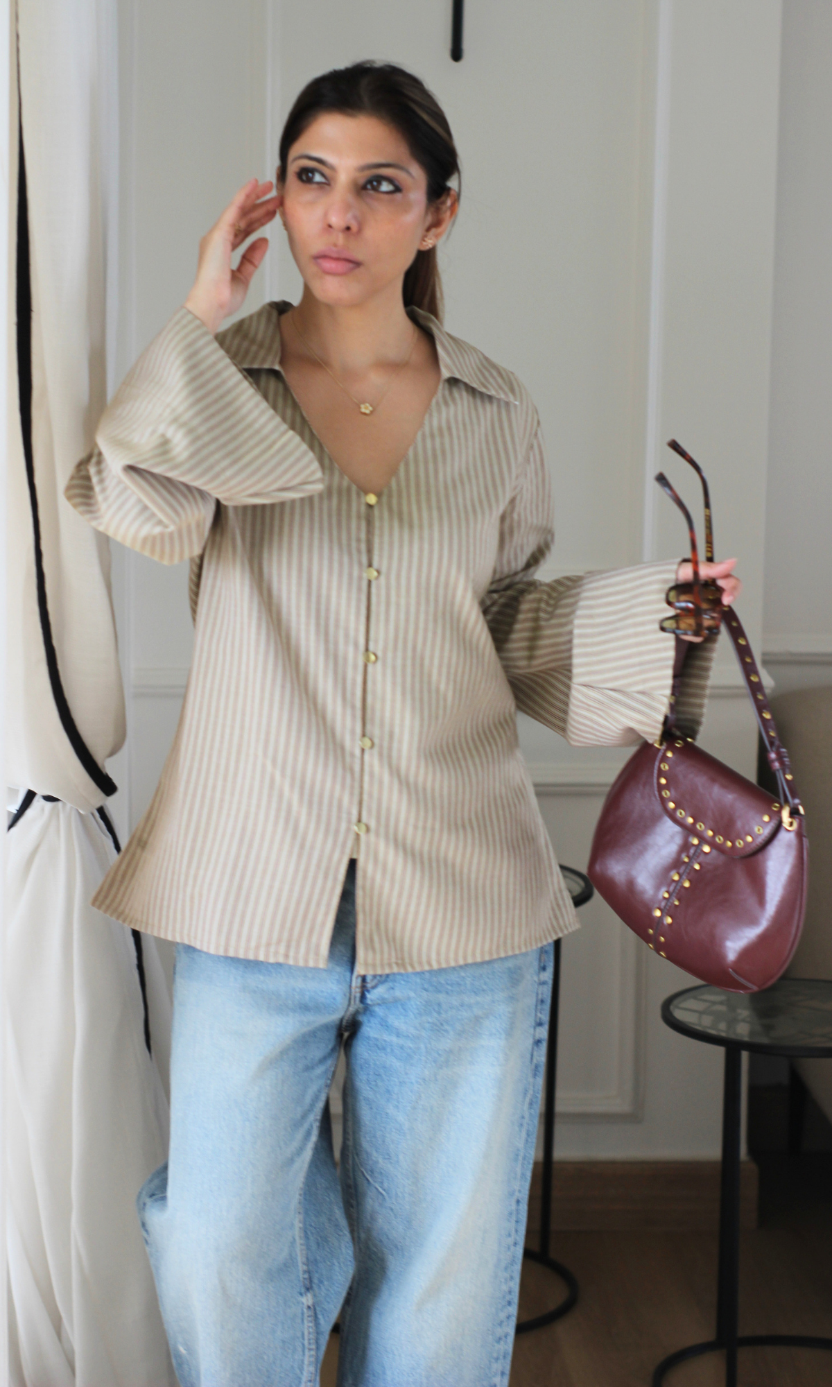 Olive Stripe Flared Sleeve Shirt