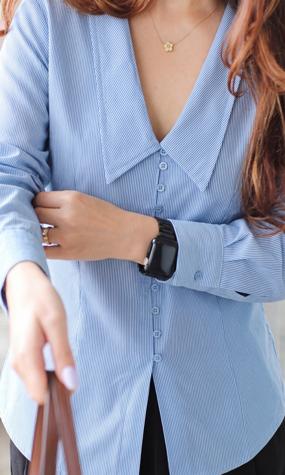 Blue Pinstripe Oversized Collar Shirt