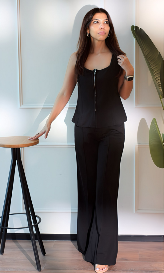 Front view of the Noir Zip Detail Top and Flared Pants Co-ord featuring a sleek black zippered top and matching high-waisted flared trousers.