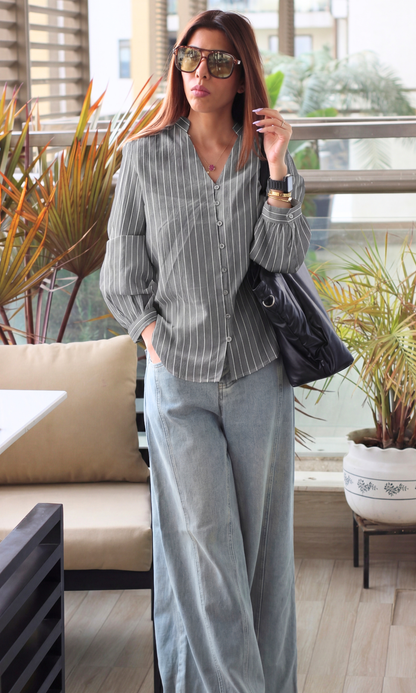 Grey Linear Buttoned Top