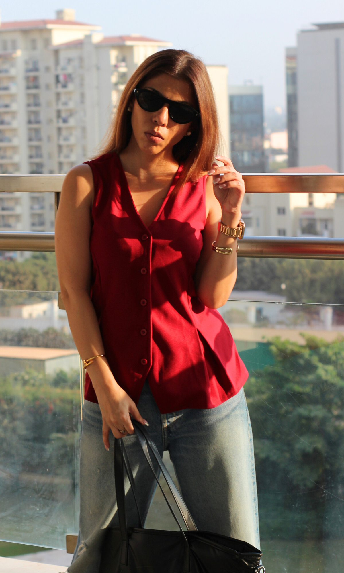 Maroon Buttoned Detail Waist Coat