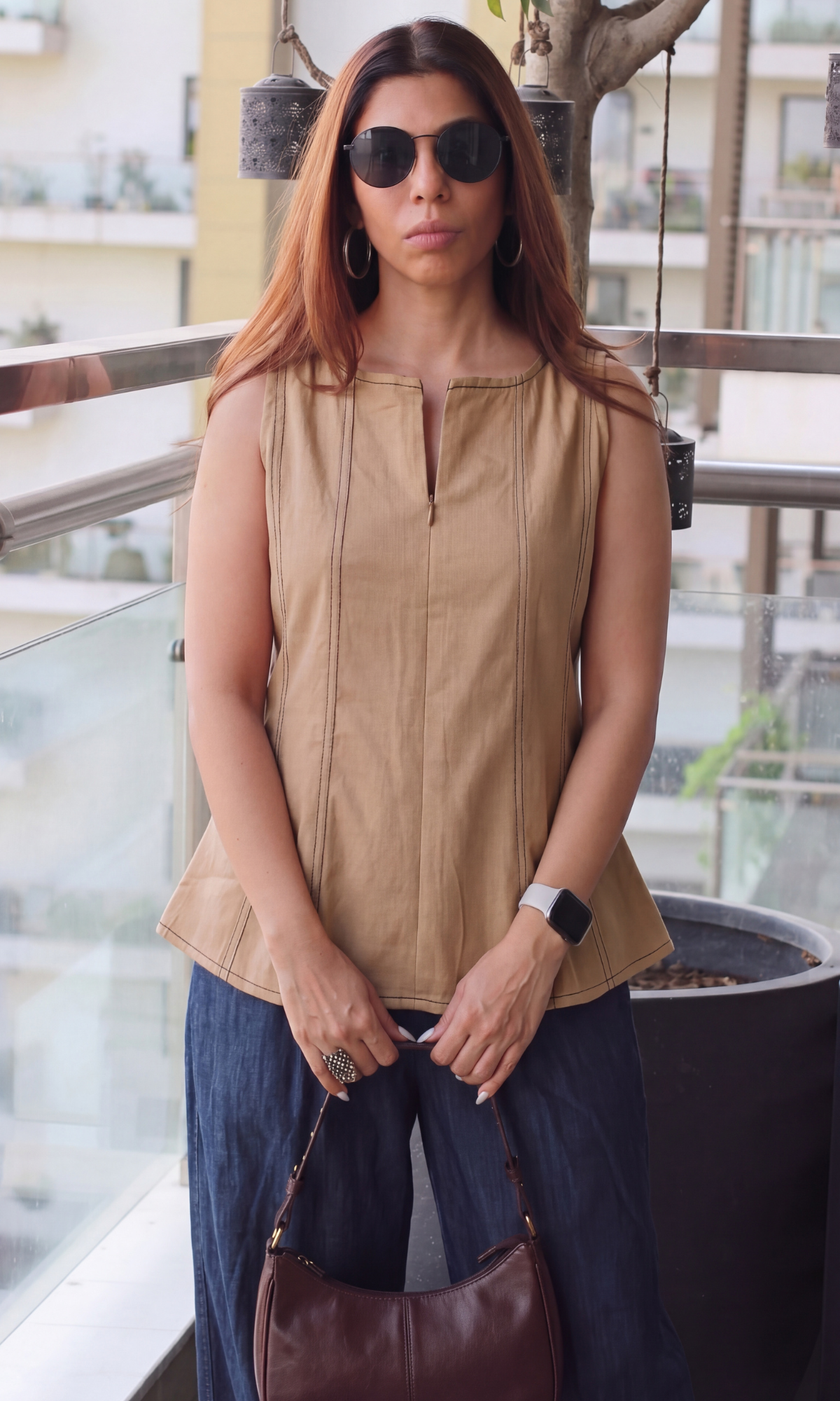 Tan Denim Cotton Flared Top